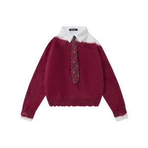 Preppy Fuzz | Mock-Layered Tie Collar Sweater