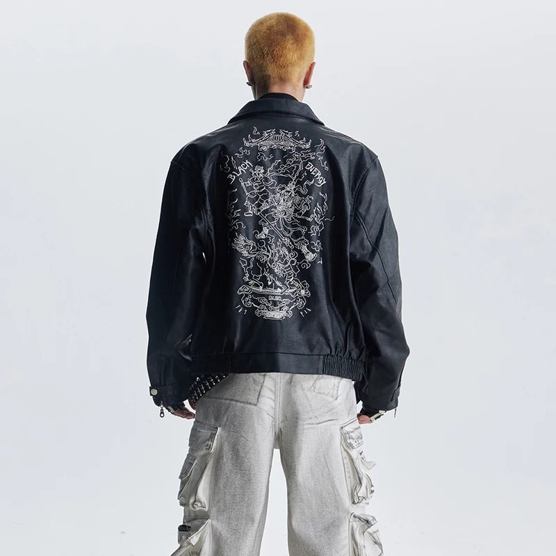Retro Motorcycle Streetwear Coat | Embroidered Leather Jacket - Santo