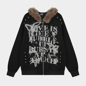 Graffiti Print Faux Fur | Zip Up Hoodie - Santo