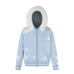 Winter Sky | Knitted Hoodie with Faux Fur Trim