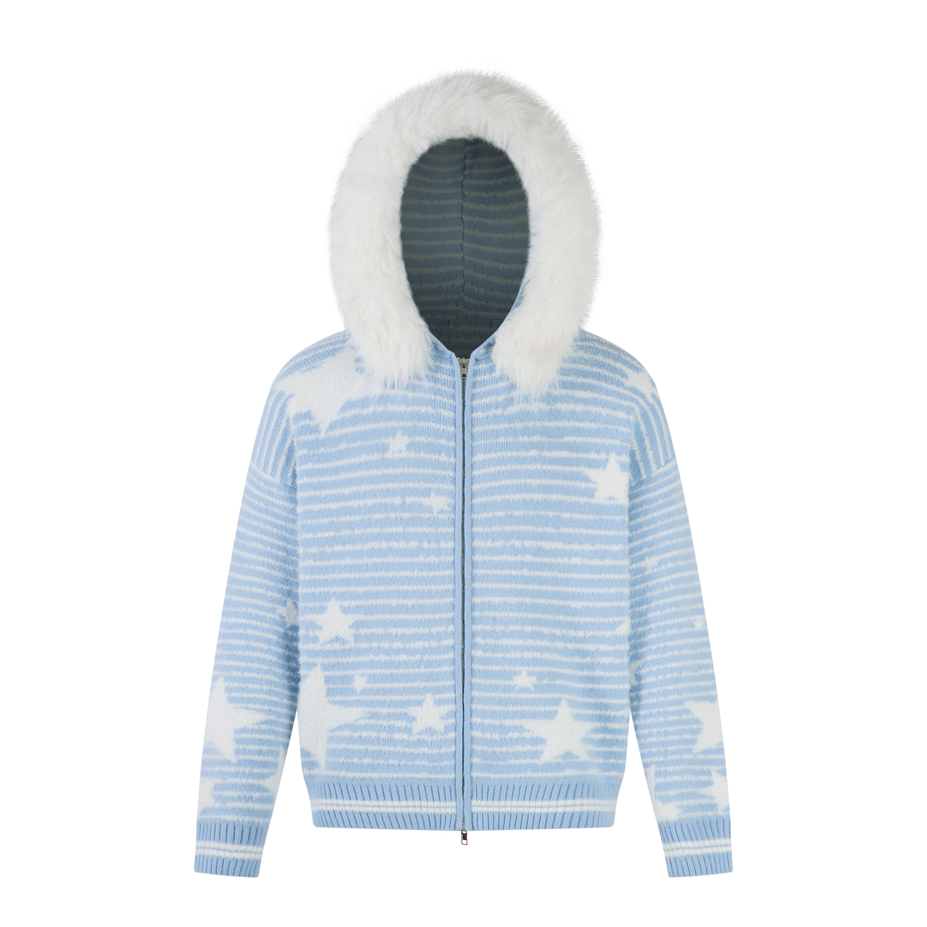 Winter Sky | Knitted Hoodie with Faux Fur Trim