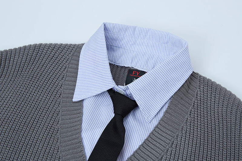 Prep Layer | Knit Cardigan with Shirt & Tie Detail