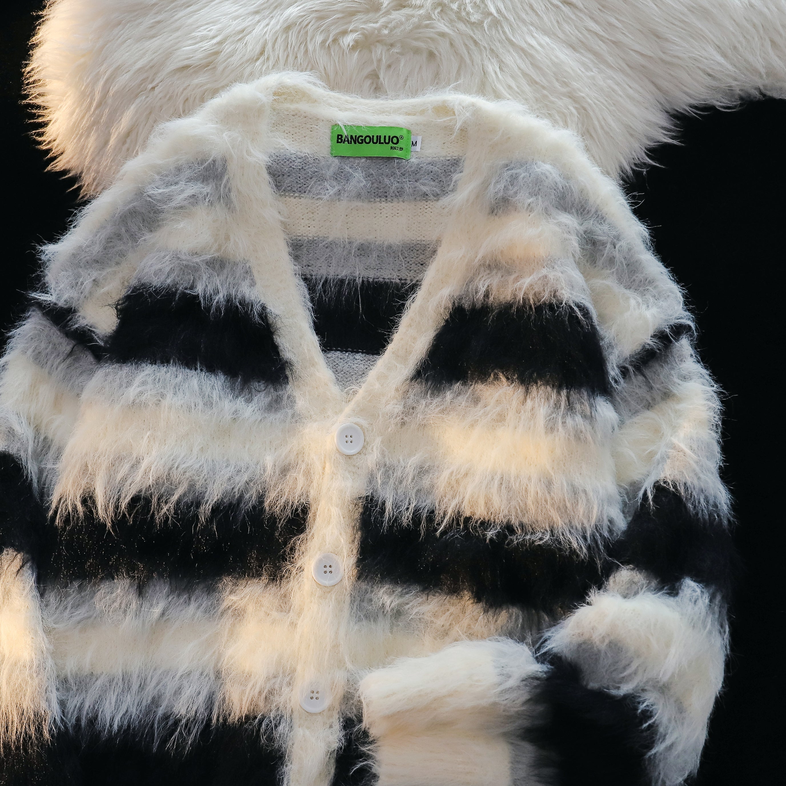 Furry Line | Striped Button-Up Fluffy Cardigan
