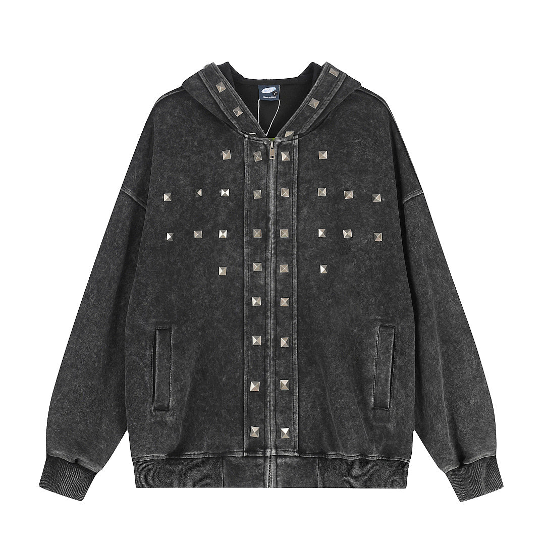 Washed Studded Panel Zip Up Hoodie detail image 8