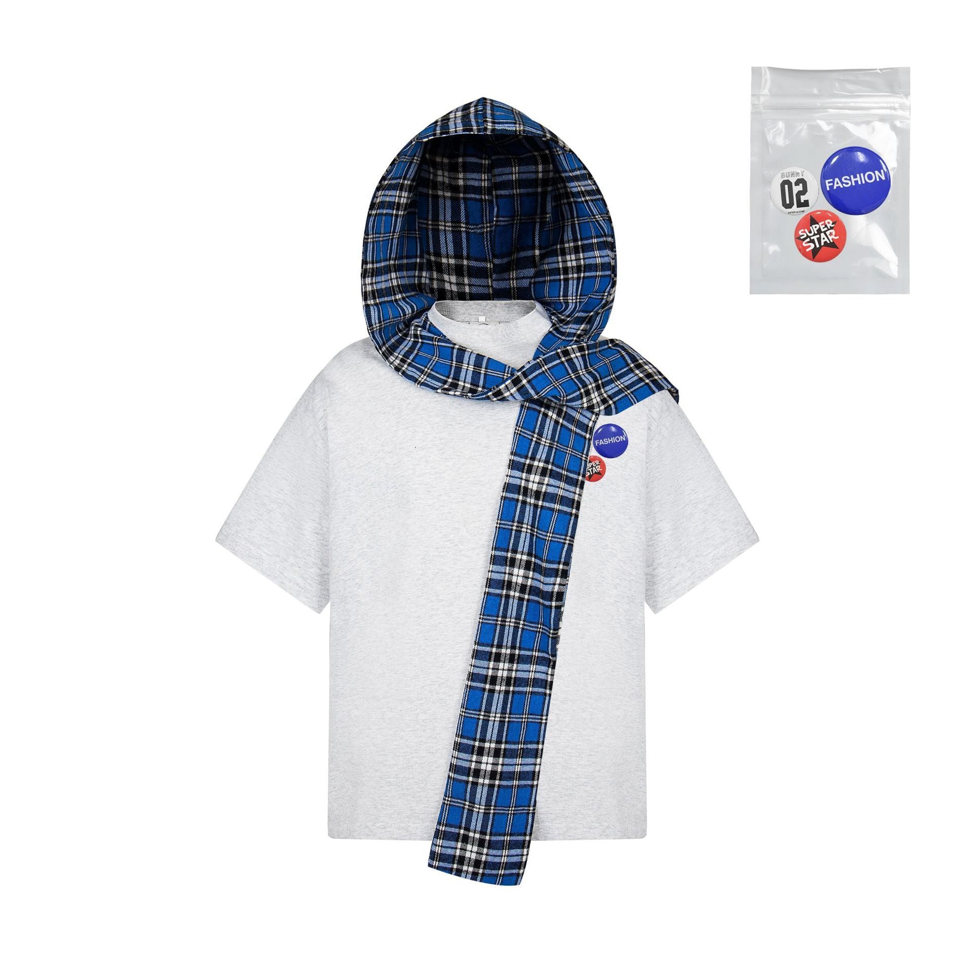 Detachable Badge | Hooded Plaid Cape T-shirt