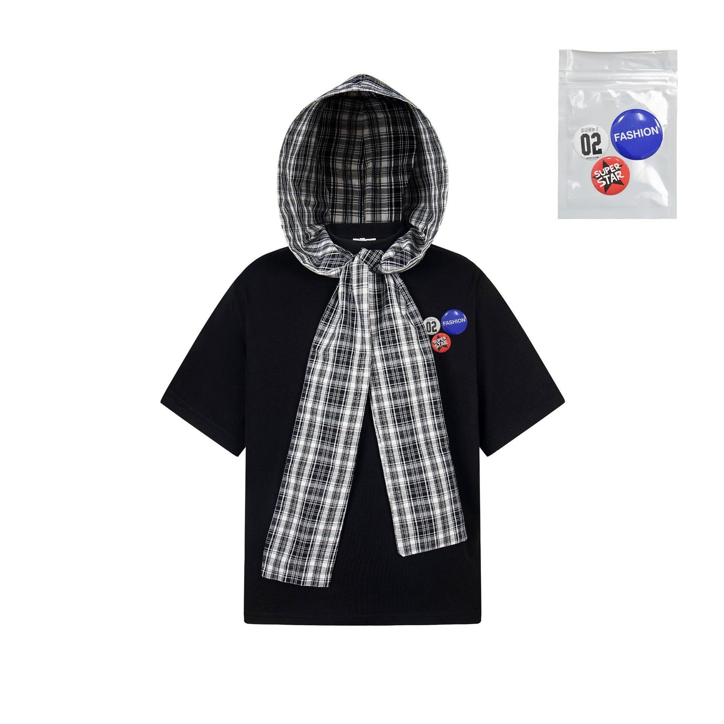 Detachable Badge | Hooded Plaid Cape T-shirt - Santo