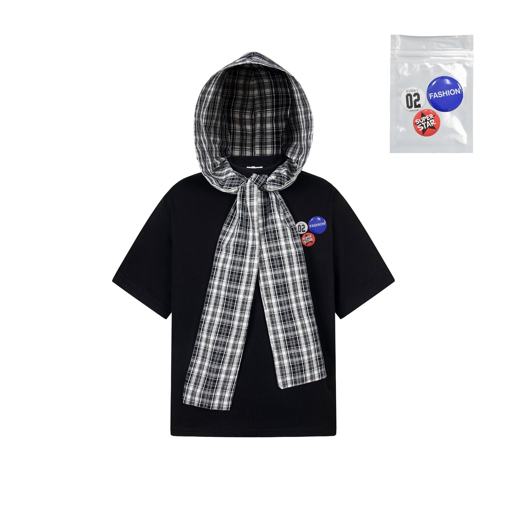 Detachable Badge | Hooded Plaid Cape T-shirt