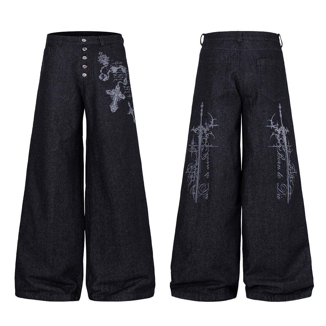 Ornamental Cross Embroidered Baggy Jeans detail image 9