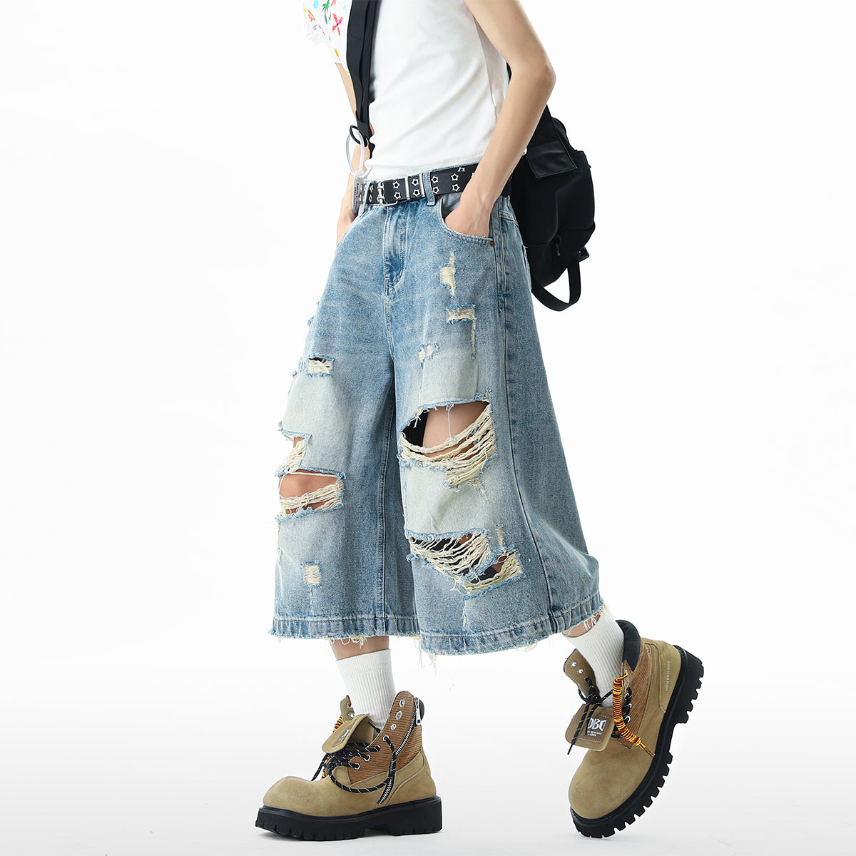 Distressed Wide-Leg Shorts | Ripped Washed Denim