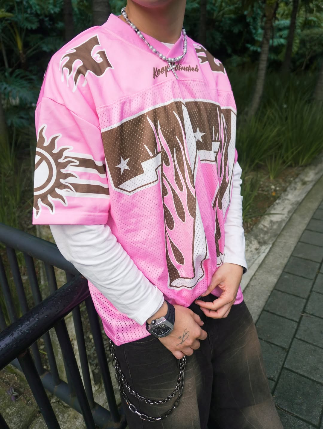 77 Flame Print Mesh Pink Jersey