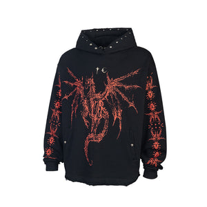 Dragon Bone Print Pullover | Retro Rivet Streetwear Hoodie - Santo