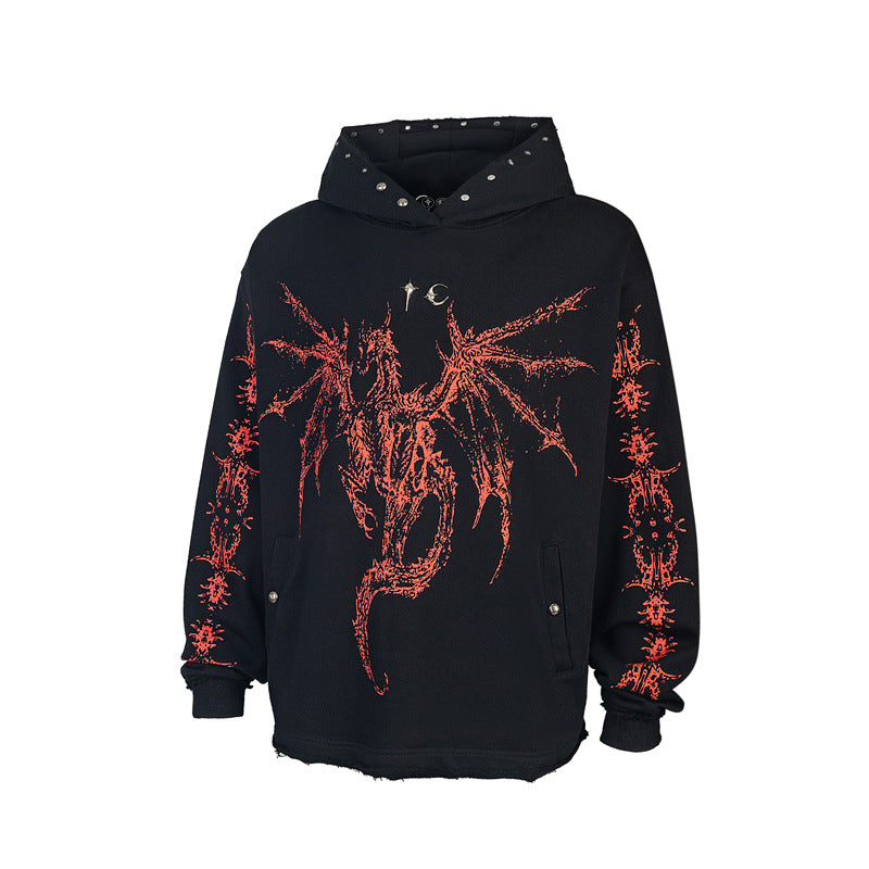 Dragon Bone Print Pullover | Retro Rivet Streetwear Hoodie