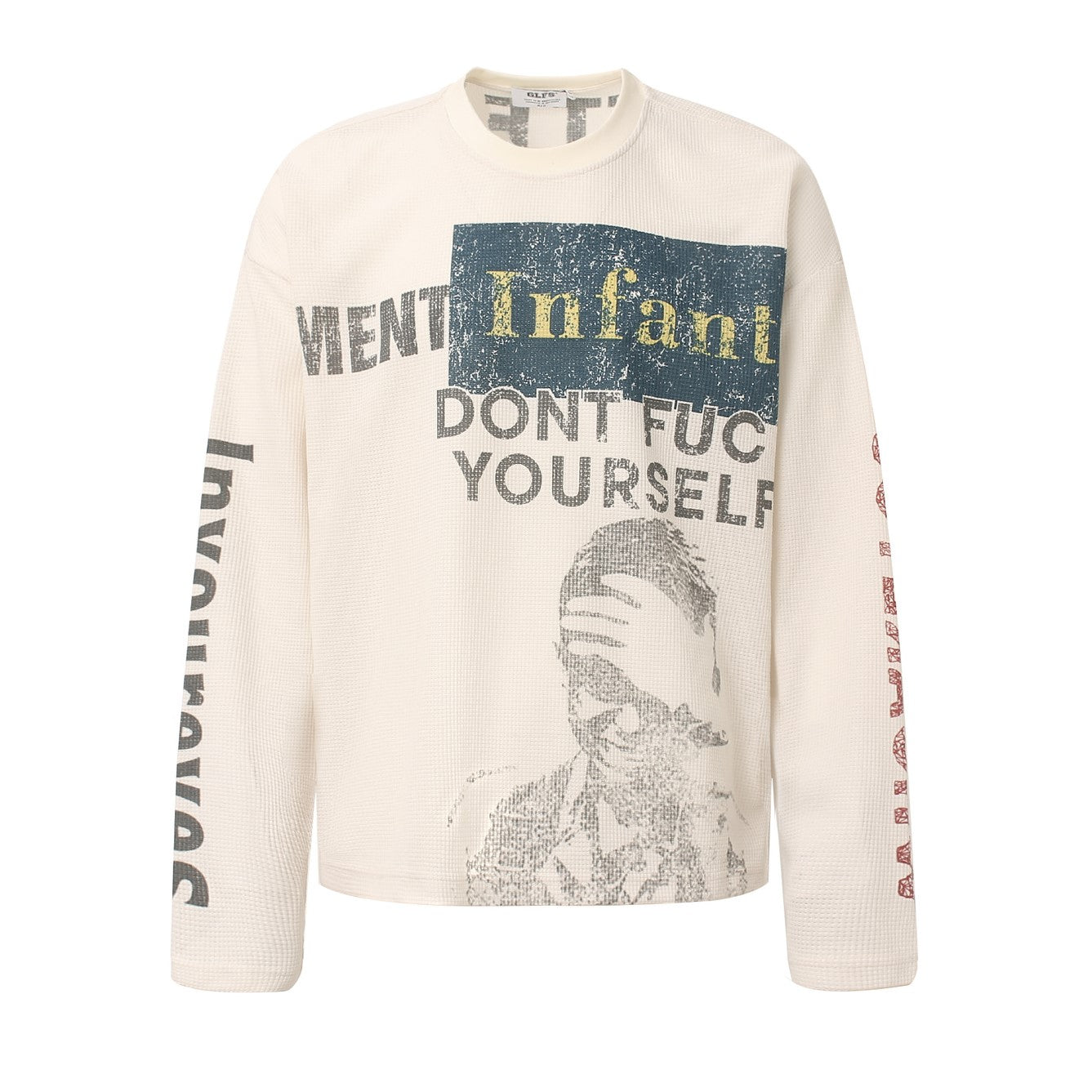Waffle Knit Sweatshirt | Graphic Print Crewneck Pullover - Santo