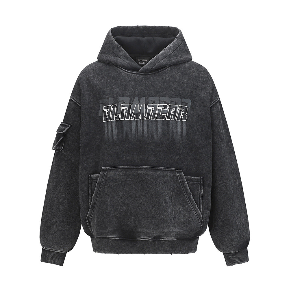 Washed Letter Print Pullover | Utility Pocket Streetwear Hoodie
