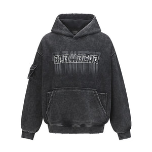 Washed Letter Print Pullover | Utility Pocket Streetwear Hoodie - Santo