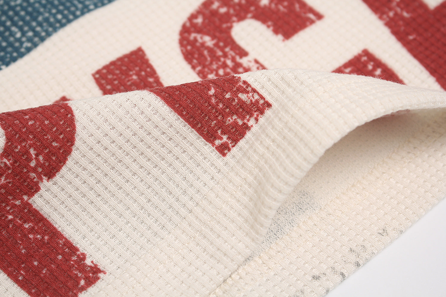 Waffle Knit Sweatshirt | Graphic Print Crewneck Pullover - Santo