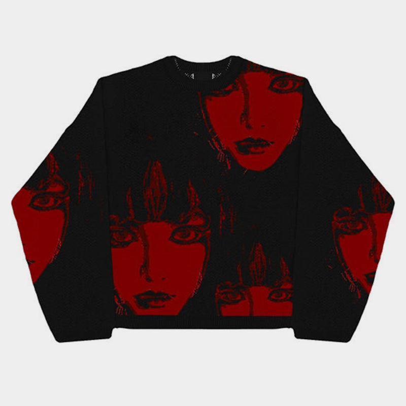 Red Gaze | Artistic Faces Knit Sweater - Santo