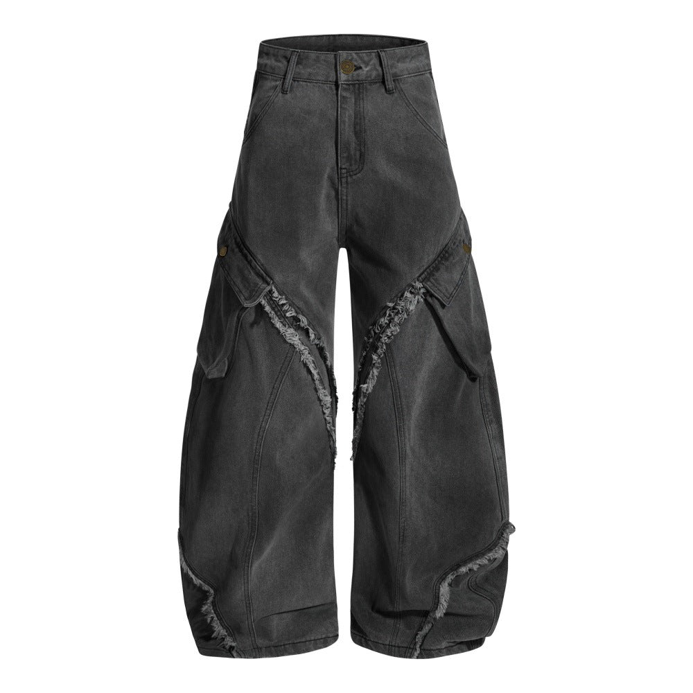 Crush Fade | Frayed Cargo Barrel Jeans - Santo