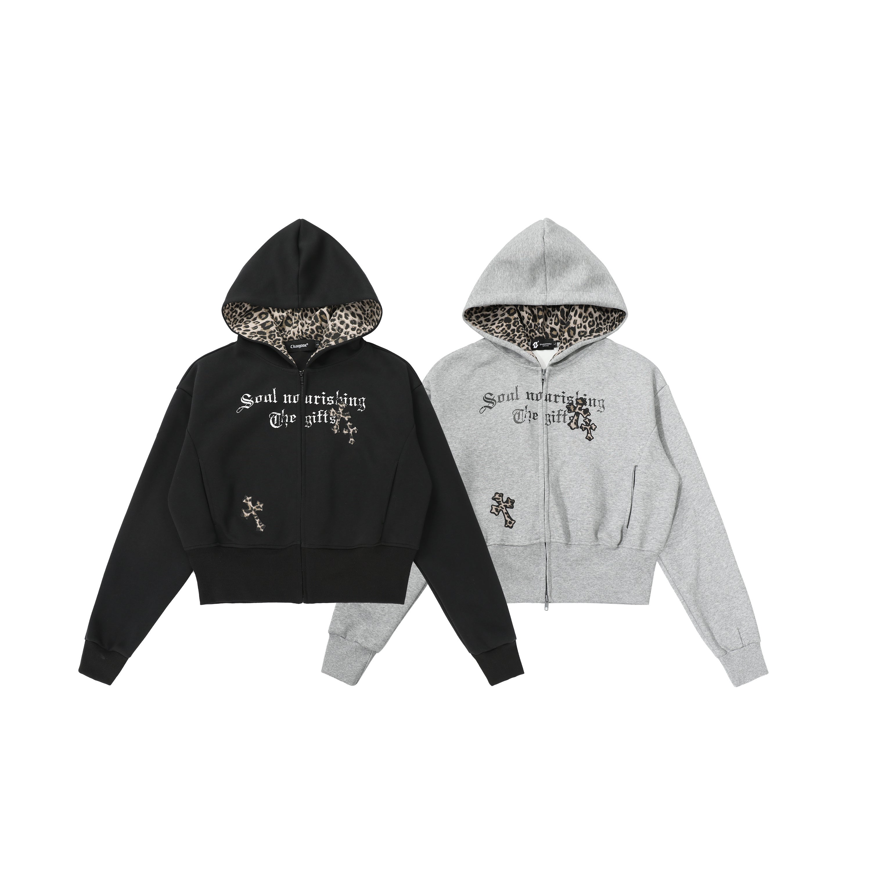 CrossCharm | Gothic Zip Hoodie with Leopard Lining