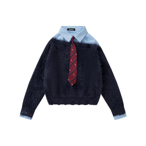 Preppy Fuzz | Mock-Layered Tie Collar Sweater