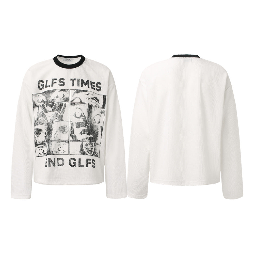 Letter Print Sweatshirt | Waffle Knit Long Sleeve Top