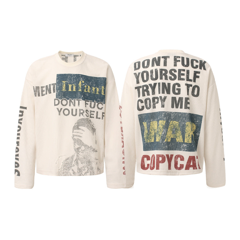 Waffle Knit Sweatshirt | Graphic Print Crewneck Pullover - Santo