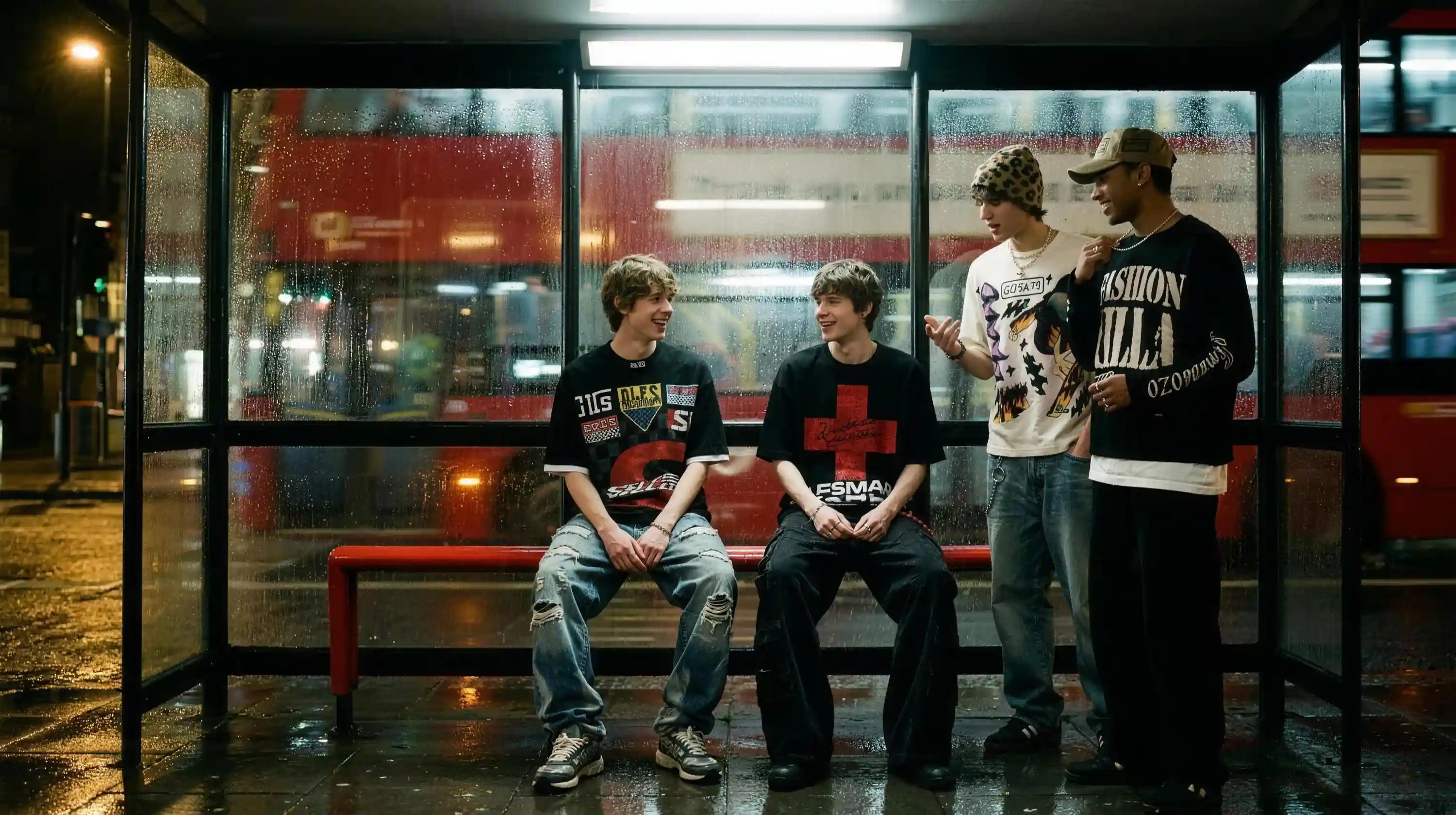 Four people wearing SANTO GLFS graphic tees at a London bus stop at night