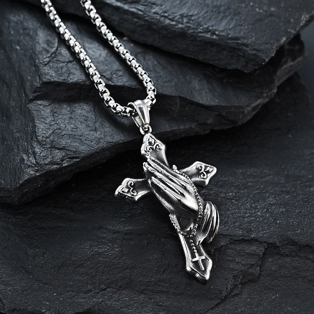Unisex Palm Cross Drop Necklace Gothic Punk Necklaces Jewelry Woman Man Fashion Gift Hip Hop Vintage Accessories - Santo