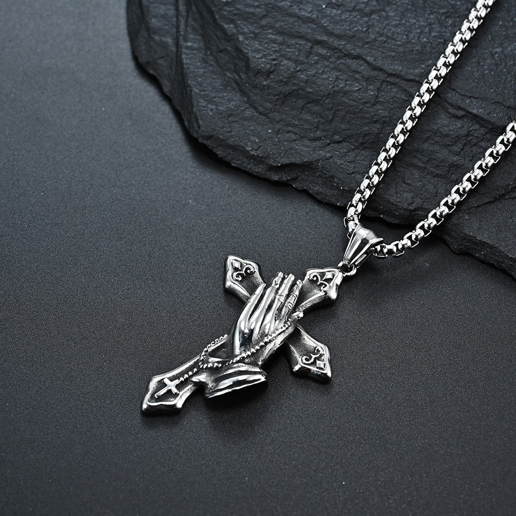 Unisex Palm Cross Drop Necklace Gothic Punk Necklaces Jewelry Woman Man Fashion Gift Hip Hop Vintage Accessories - Santo