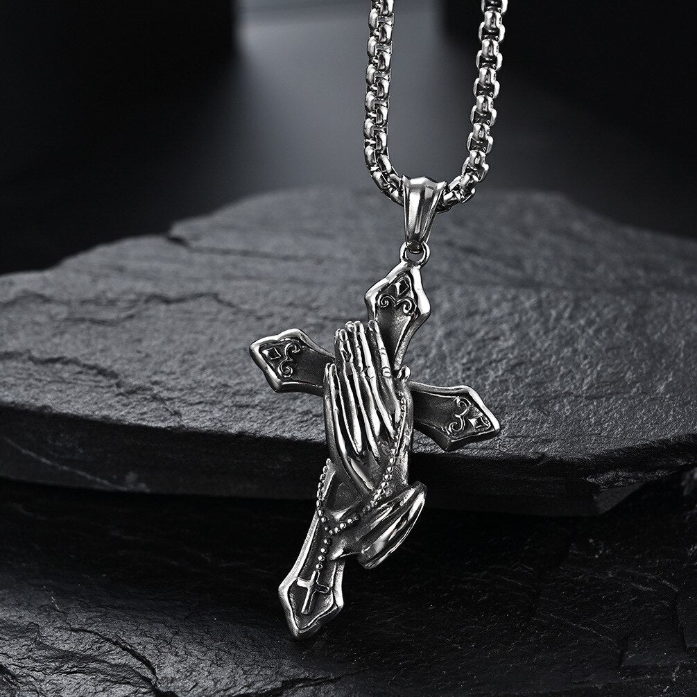 Unisex Palm Cross Drop Necklace Gothic Punk Necklaces Jewelry Woman Man Fashion Gift Hip Hop Vintage Accessories - Santo