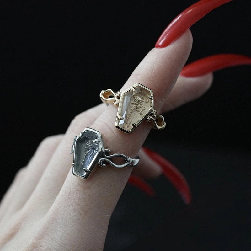 Gothic Unisex Rose Coffin Ring Woman Man Punk Jewelry  Vintage Hip Hop Ring Accessories Fashion Party Gifts - Santo