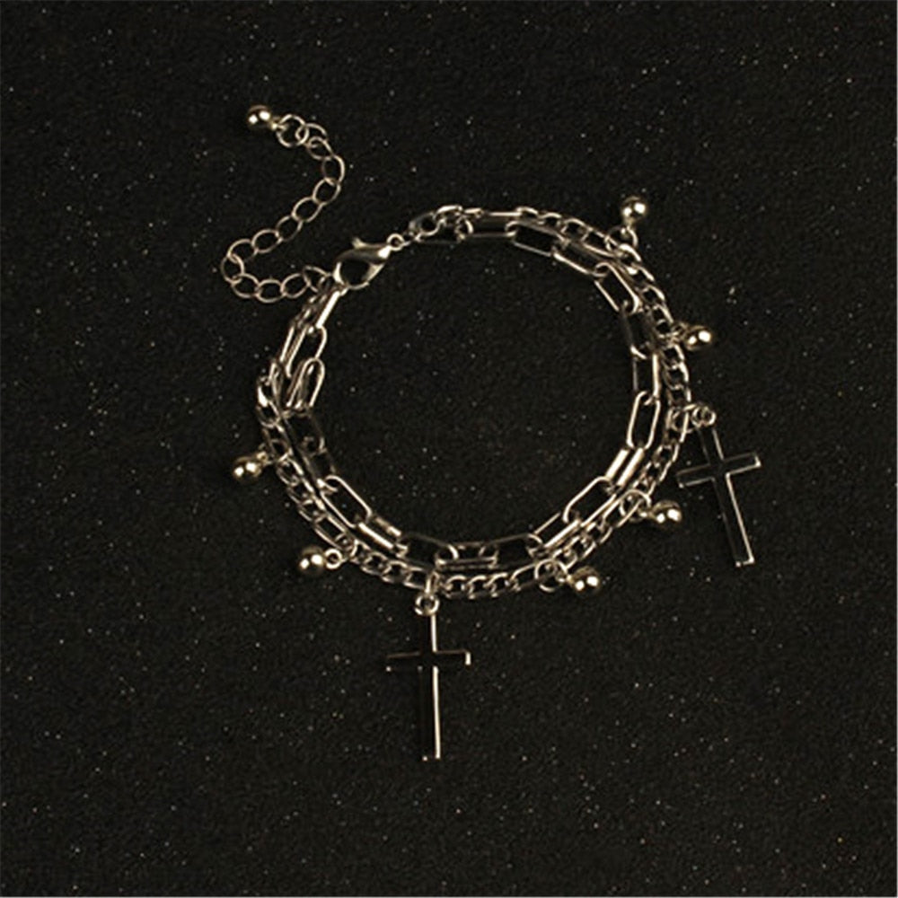 Vintage Unisex Cross Double Layer Splicing Bracelet Woman Man Punk Jewelry Gothic Hip Hop Fashion Accessories - Santo