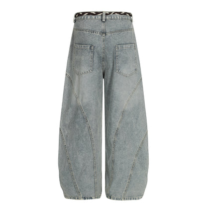 Denim Retro Belt Detail | Patchwork Barrel Jeans