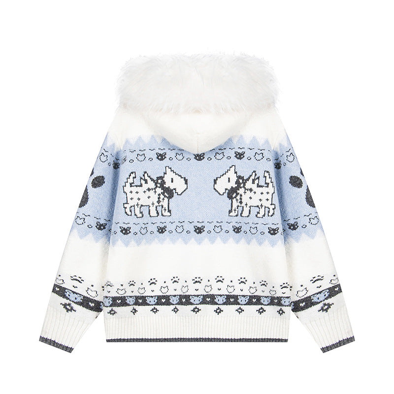 Puppy Charm | Knitted Cardigan with Faux Fur Hood
