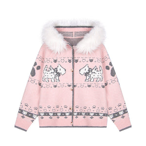 Puppy Charm | Knitted Cardigan with Faux Fur Hood