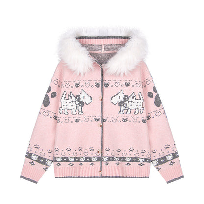 Puppy Charm | Knitted Cardigan with Faux Fur Hood - Santo 