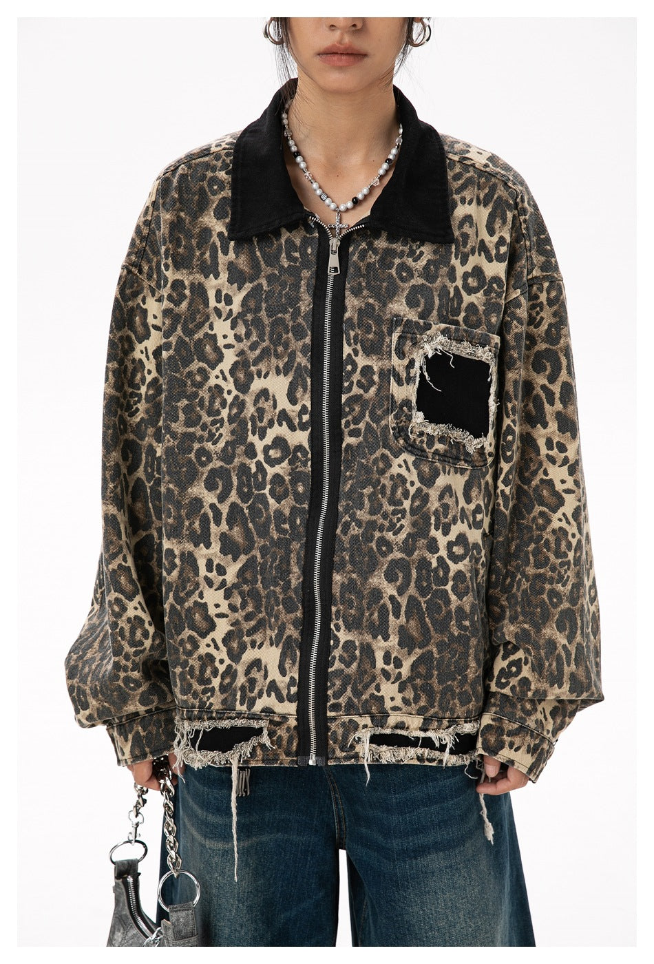 Rogue Leopard | Veste en jean surdimensionnée à imprimé léopard