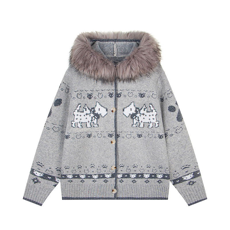 Puppy Charm | Knitted Cardigan with Faux Fur Hood - Santo 