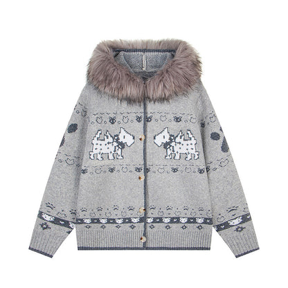Puppy Charm | Knitted Cardigan with Faux Fur Hood - Santo 