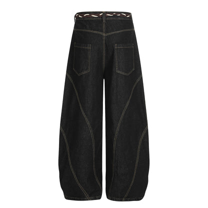 Denim Retro Belt Detail | Patchwork Barrel Jeans
