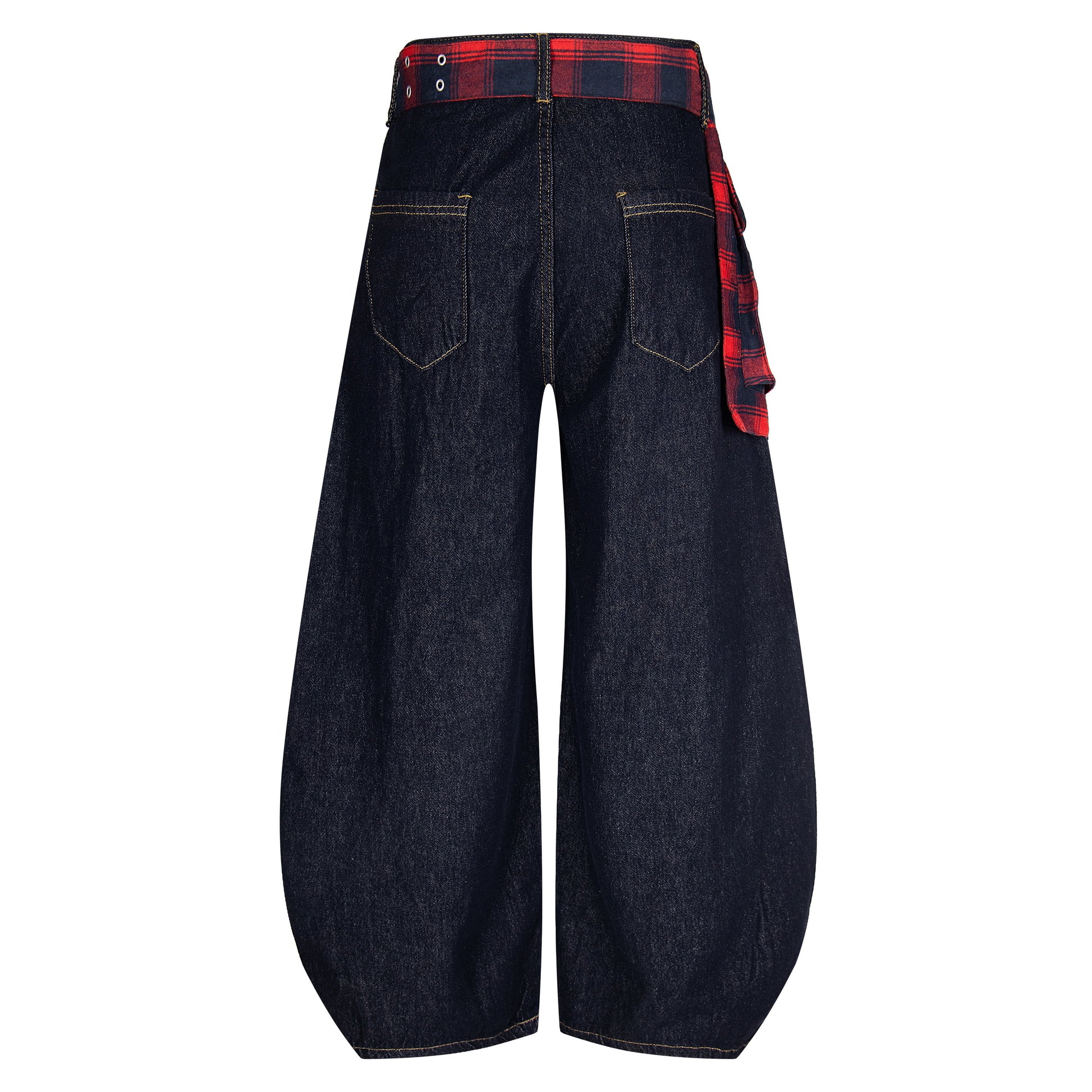 Plaid Reign | Wide-Leg Denim Trousers with Flannel Accent - Santo 