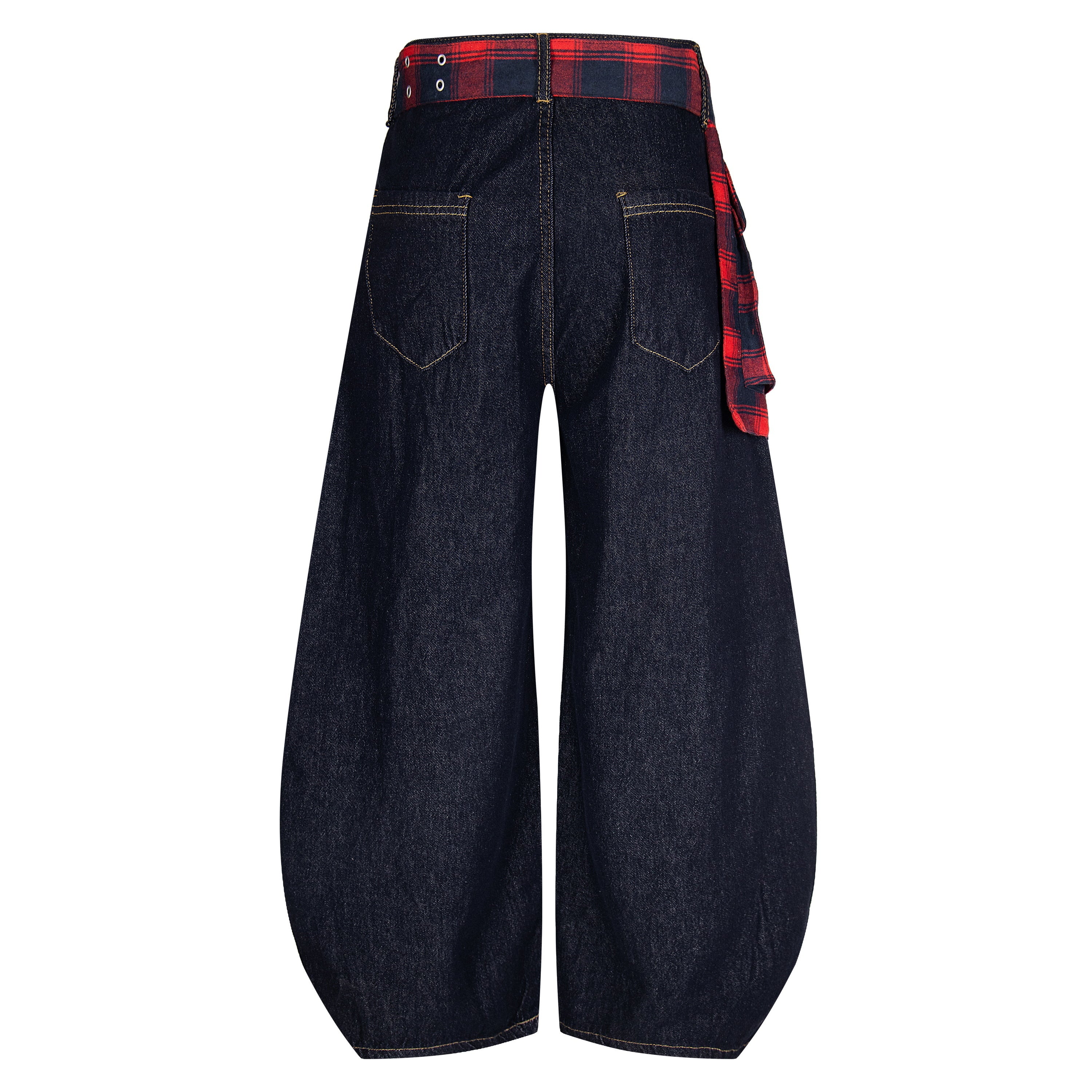 Plaid Reign | Wide-Leg Denim Trousers with Flannel Accent