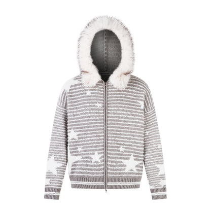 Winter Sky | Knitted Hoodie with Faux Fur Trim