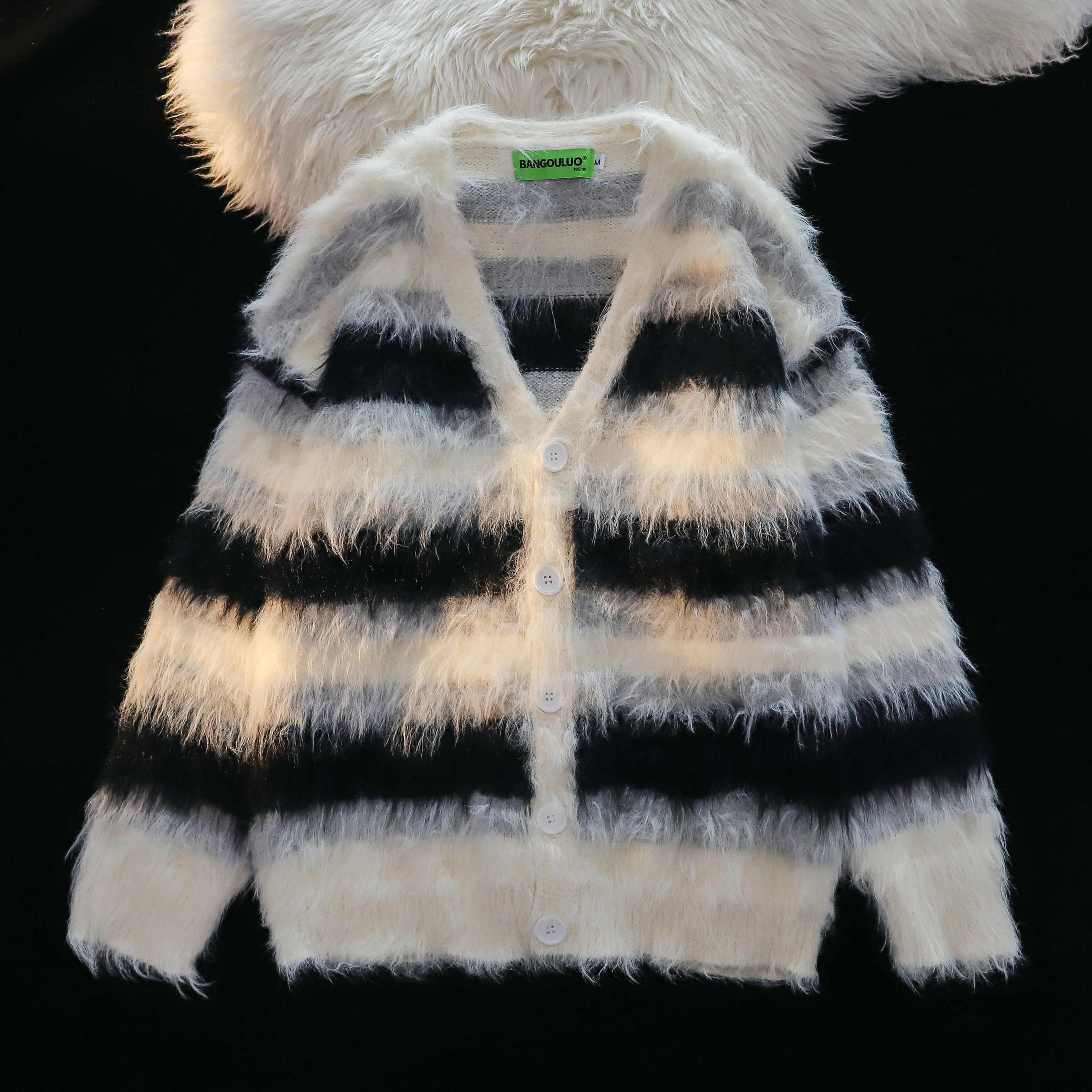 Furry Line | Striped Button-Up Fluffy Cardigan