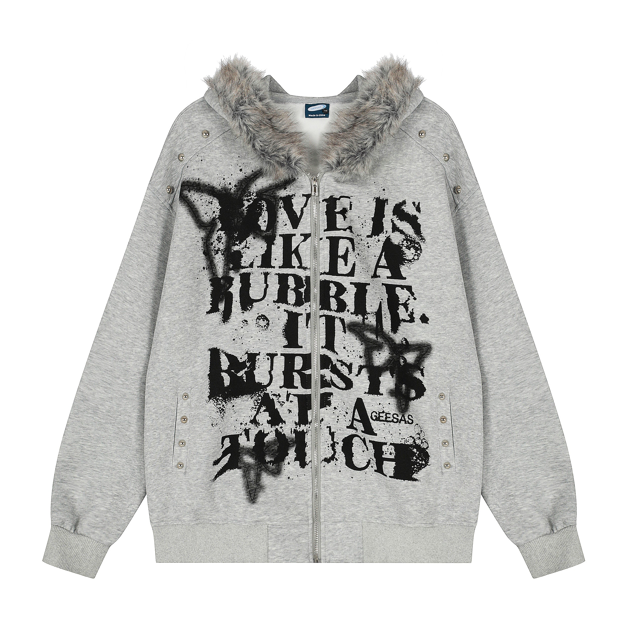 Graffiti Print Faux Fur | Zip Up Hoodie