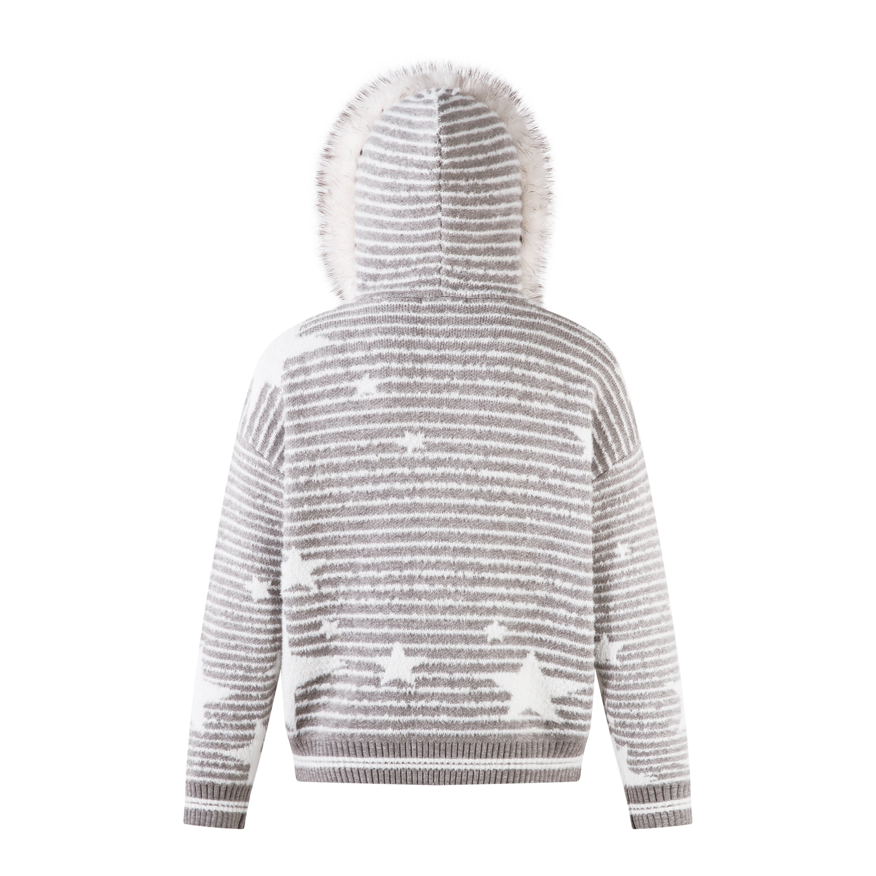 Winter Sky | Knitted Hoodie with Faux Fur Trim