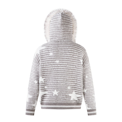 Winter Sky | Knitted Hoodie with Faux Fur Trim