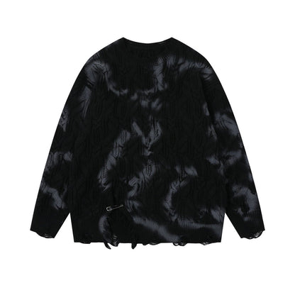 Charcoal Fade | Distressed Tie-Dye Knit Pullover