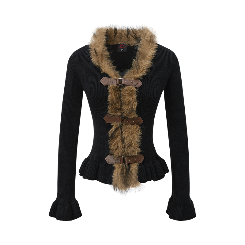 Buckled Fur | Knit Cardigan with Faux Trim - Santo 