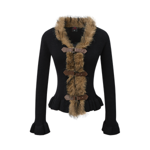 Buckled Fur | Knit Cardigan with Faux Trim